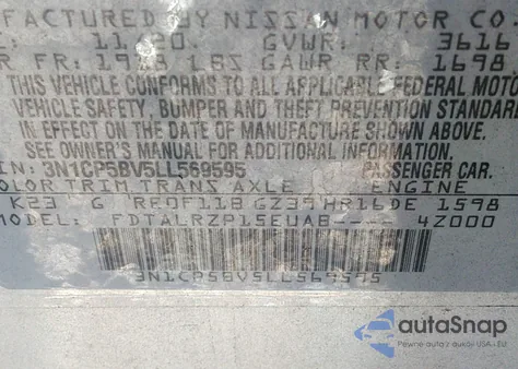 2020 Nissan Kicks S Xtronic Cvt z USA, uszkodzony, nr VIN 3N1CP5BV5LL569595